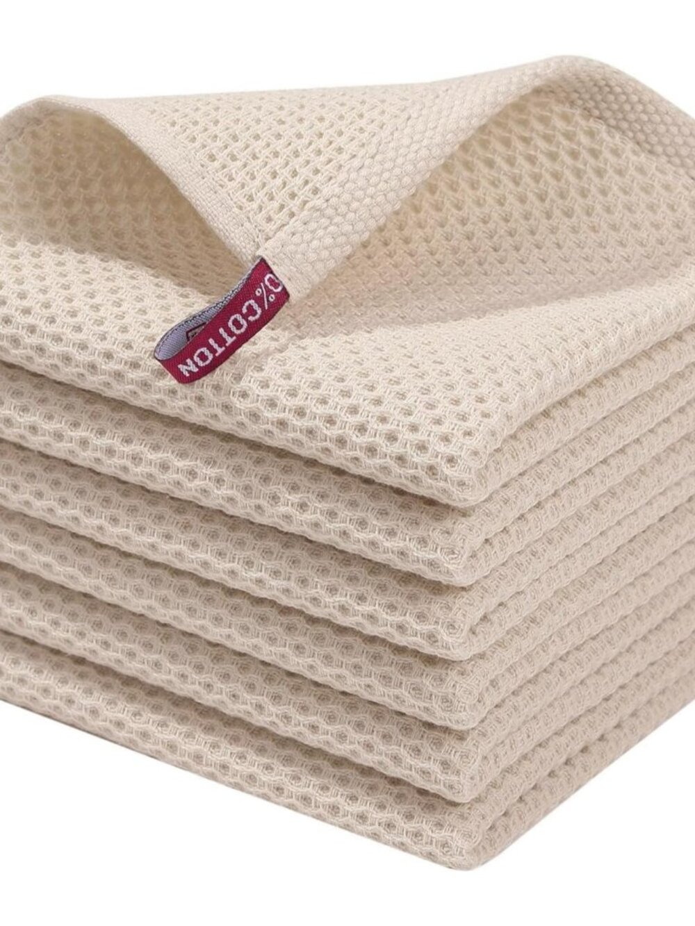 100% Cotton Waffle Weave Kitchen Dish Cloths 6-Pack, Beige